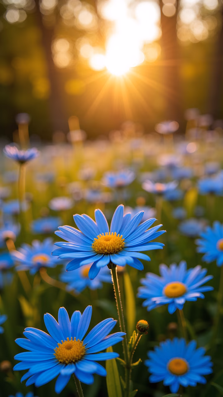 Close-up of blue flowers with golden sunlight, nature photography