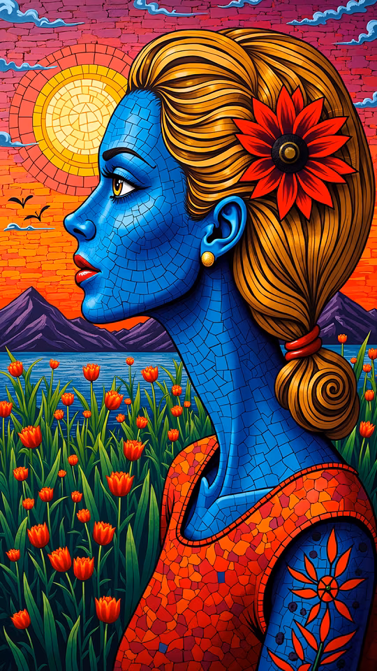 Blue Woman with Red Tulips