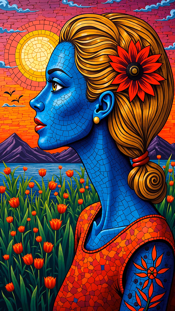 Vibrant abstract illustration featuring a blue woman with golden hair and red tulips in a surreal landscape.