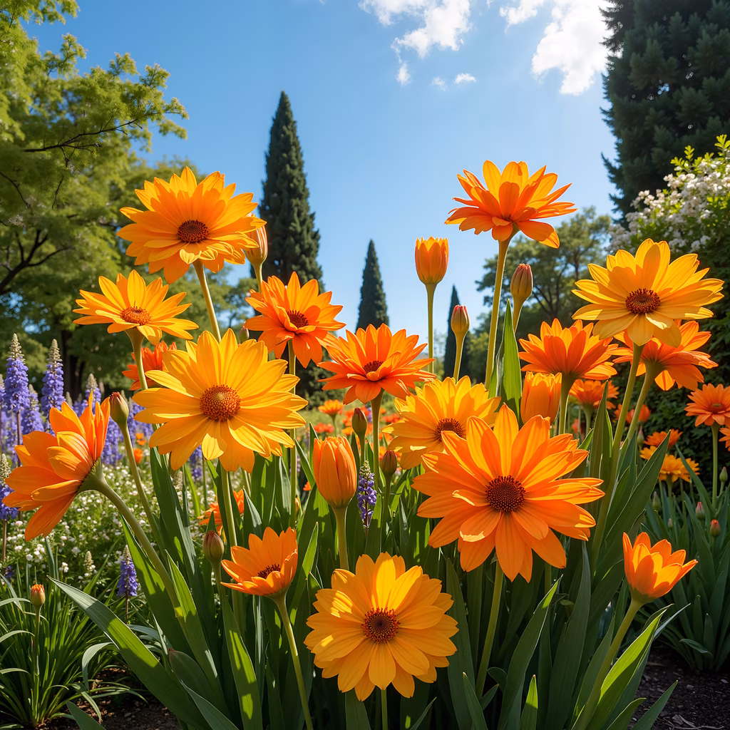 Bright orange flowers in a sunny garden, capturing the essence of nature's beauty.