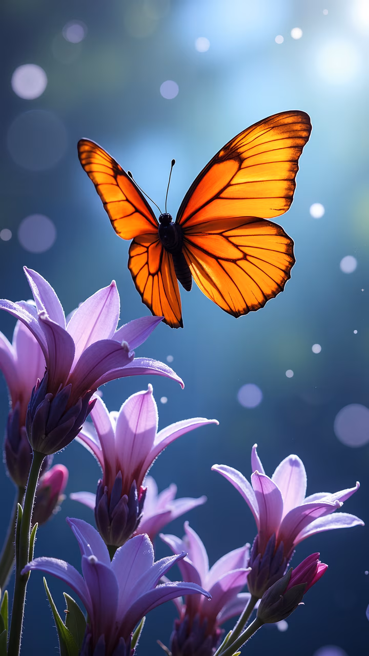 Vibrant orange butterfly on purple flowers against a blue gradient background with bokeh lights.