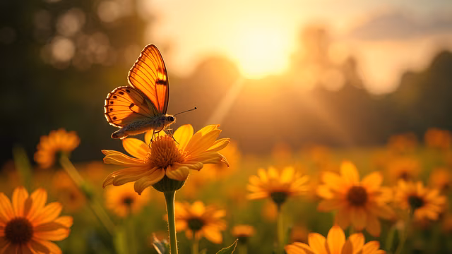 Butterfly on Daisy at Sunset