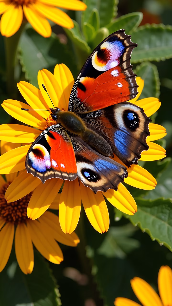 Vibrant butterfly on a yellow flower, surrounded by green foliage.