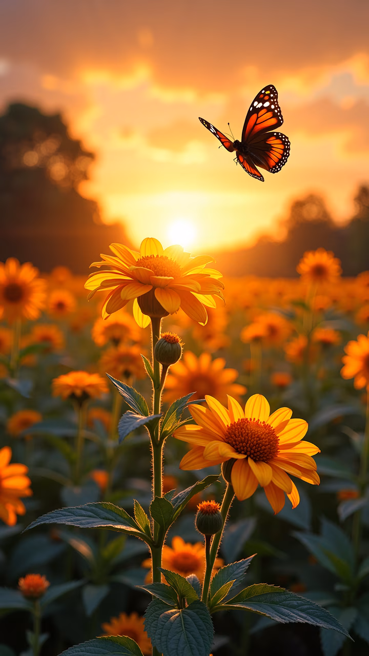 Butterfly, sunset, nature, illustration, flowers, peace