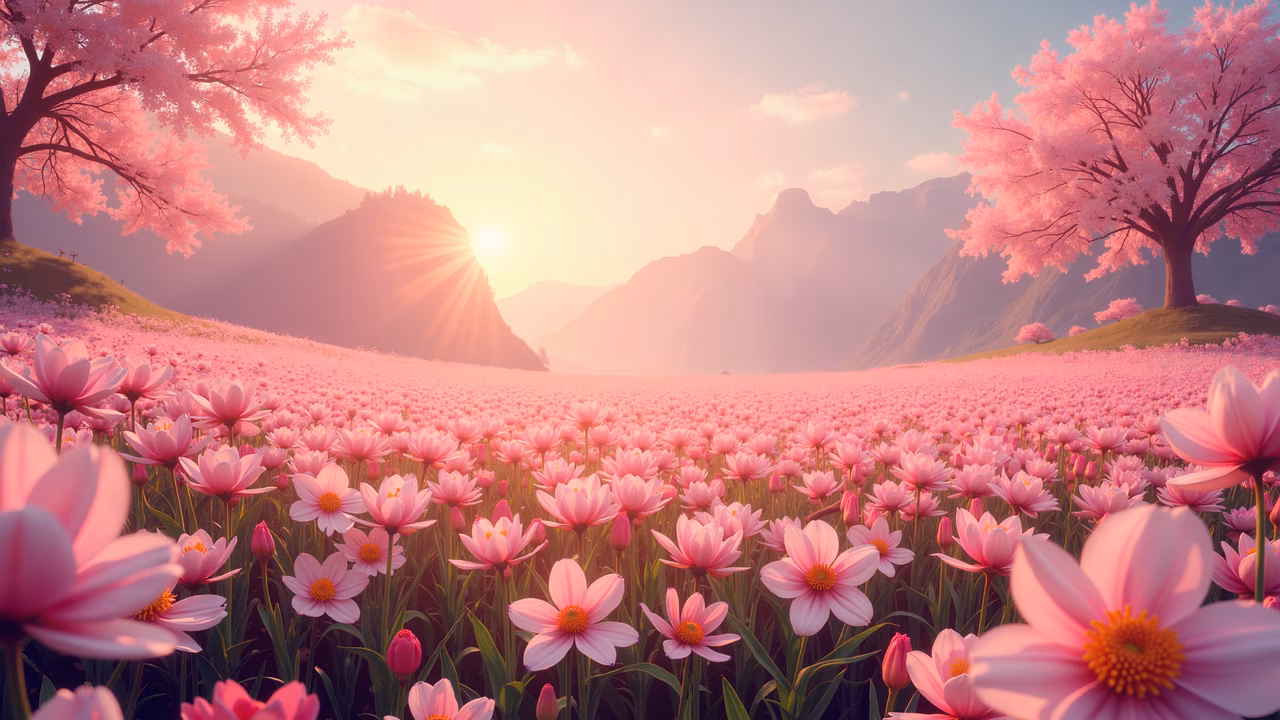 A breathtaking cherry blossom field at dawn, featuring soft pink tones and a serene landscape with mountains in the background.