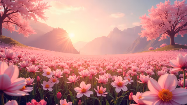 Cherry Blossom Field at Dawn