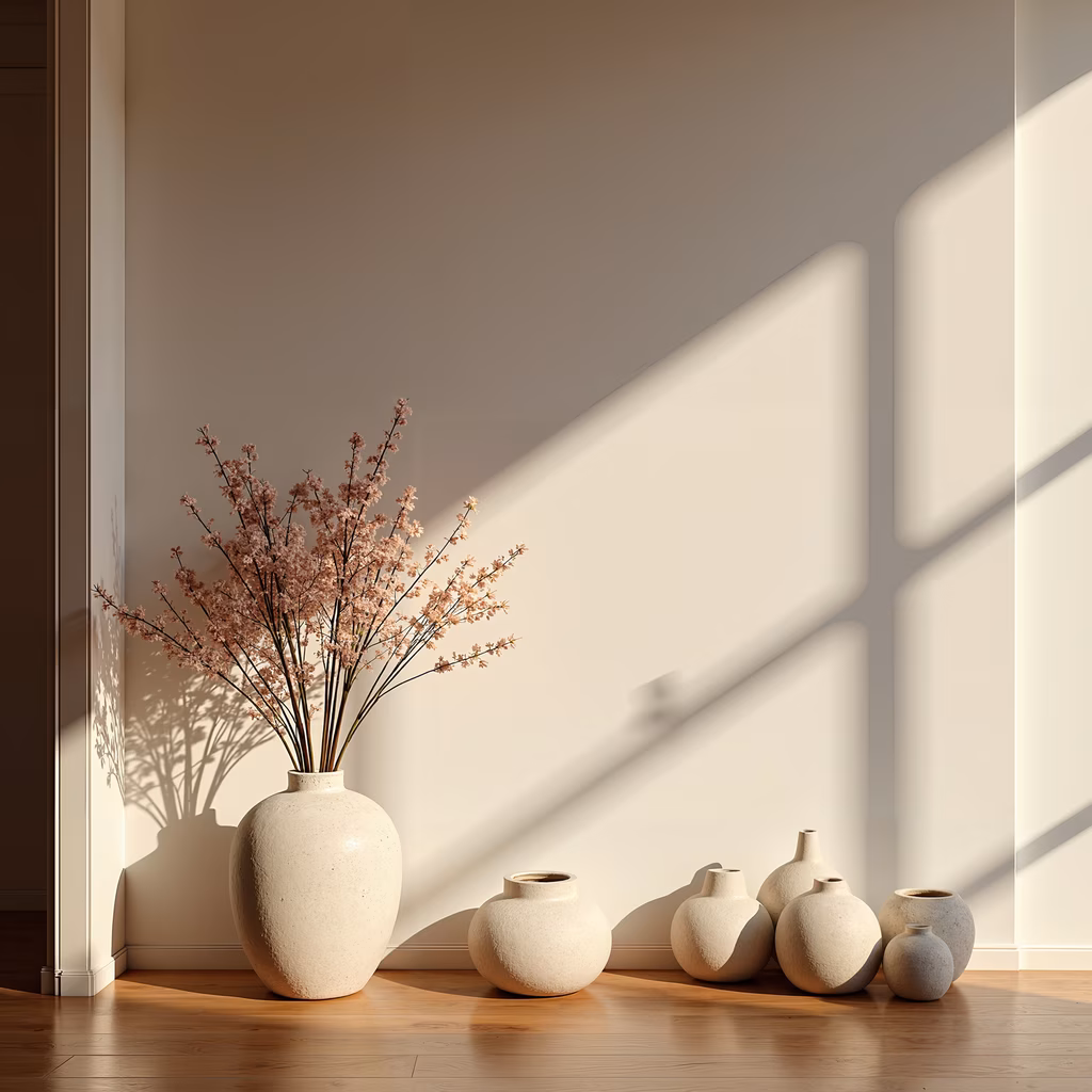 A peaceful interior scene featuring cherry blossoms and ceramic vases, creating a serene and elegant ambiance.