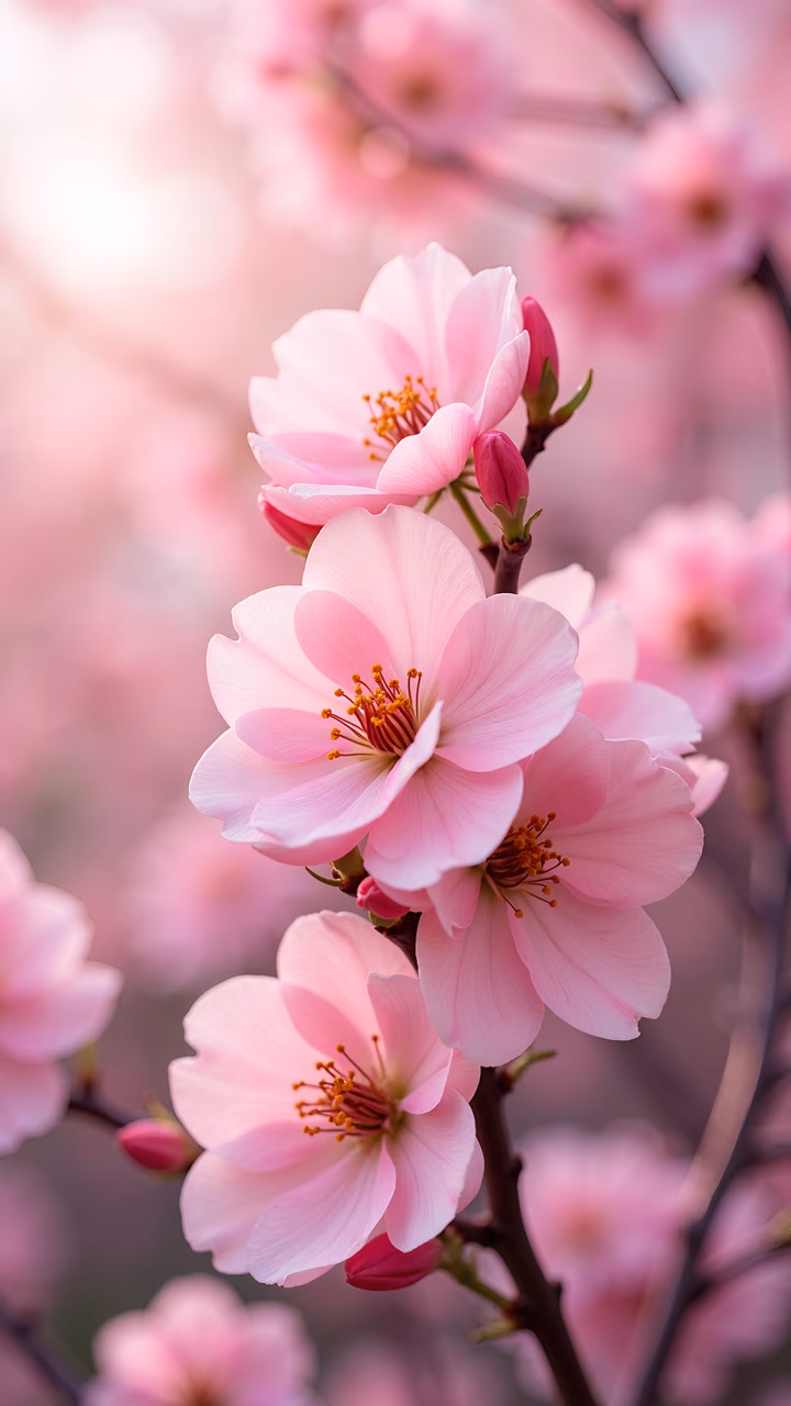 Close-up of cherry blossoms in full bloom, soft pink petals, vibrant yellow stamens, dreamy atmosphere