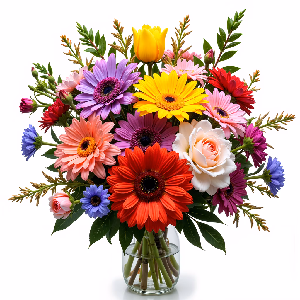Vibrant bouquet of colorful flowers in a clear glass vase, celebrating life and joy.