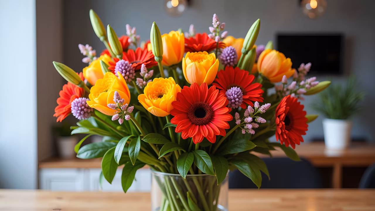 Vibrant bouquet of colorful flowers in a clear glass vase, set against a cozy living room backdrop.