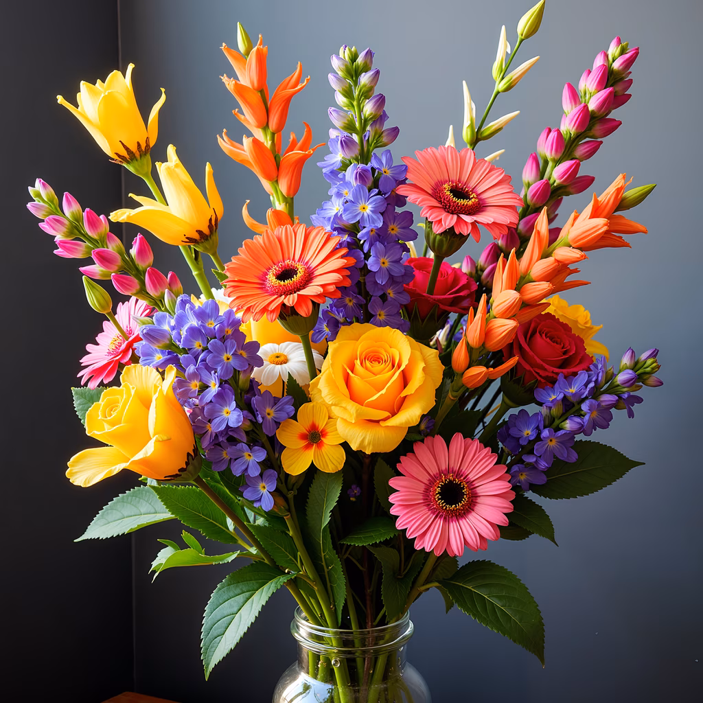 Vibrant floral arrangement in a clear glass vase featuring roses, daisies, and lilies in shades of yellow, orange, pink, purple, and red.