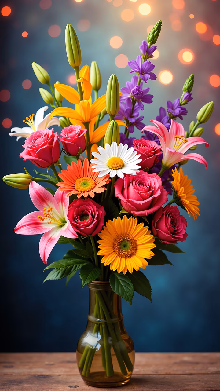 Vibrant bouquet illustration featuring colorful flowers and warm bokeh lights.