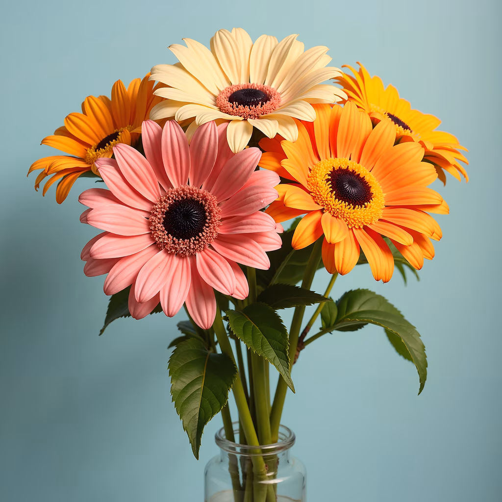 Vibrant daisy bouquet in shades of pink, orange, and yellow, arranged in a clear glass vase against a soft teal background.