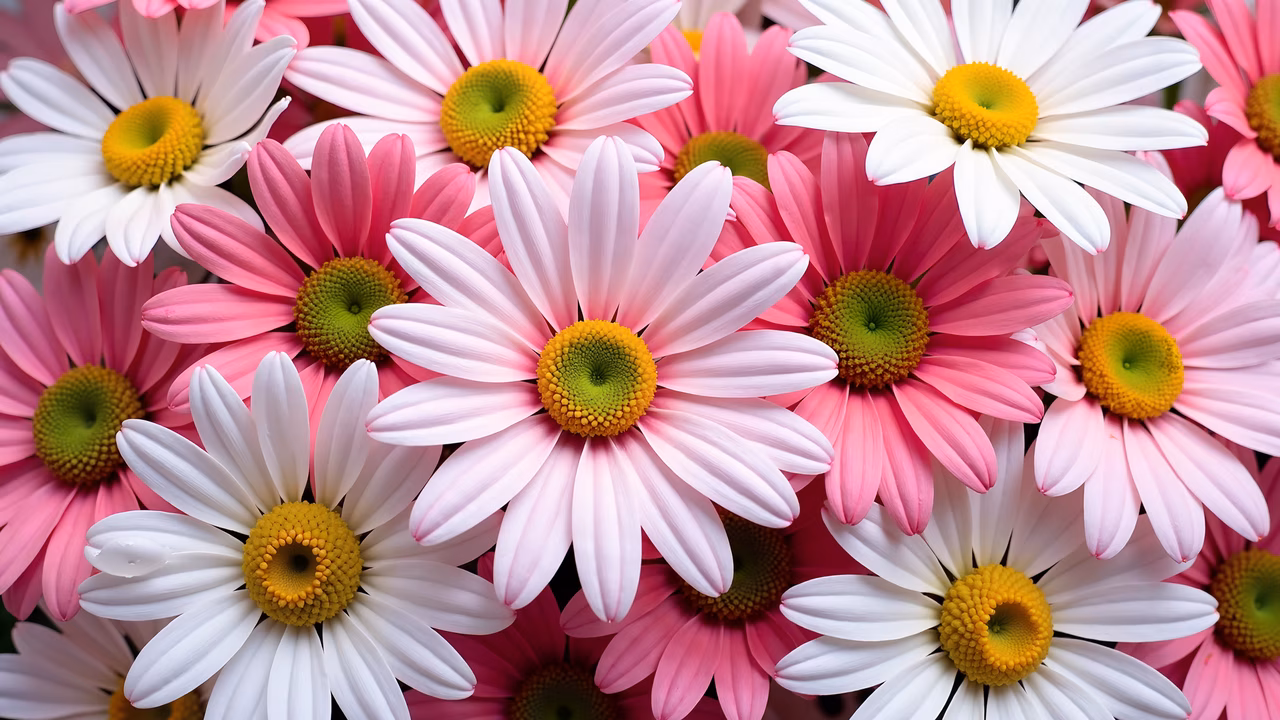 A colorful bouquet of daisies in shades of pink and white, featuring bright yellow centers.