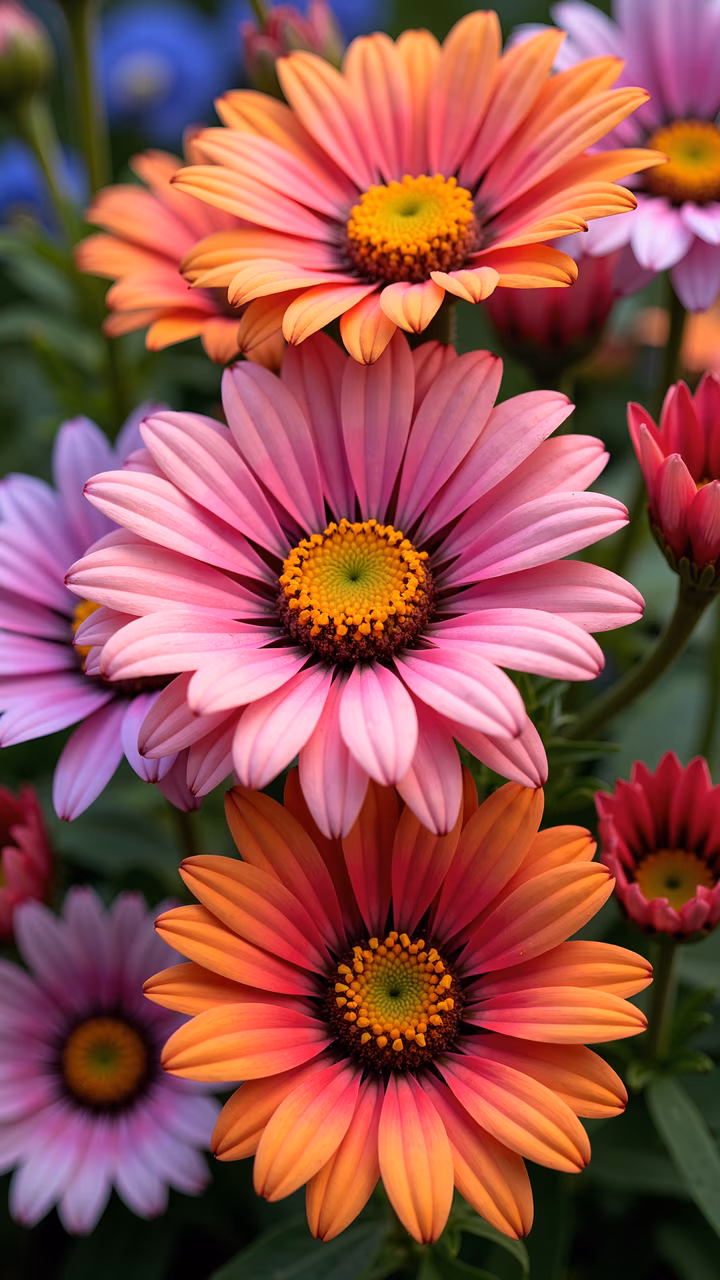 Vibrant daisy flowers in shades of pink, orange, and purple, exuding a cheerful and lively atmosphere.