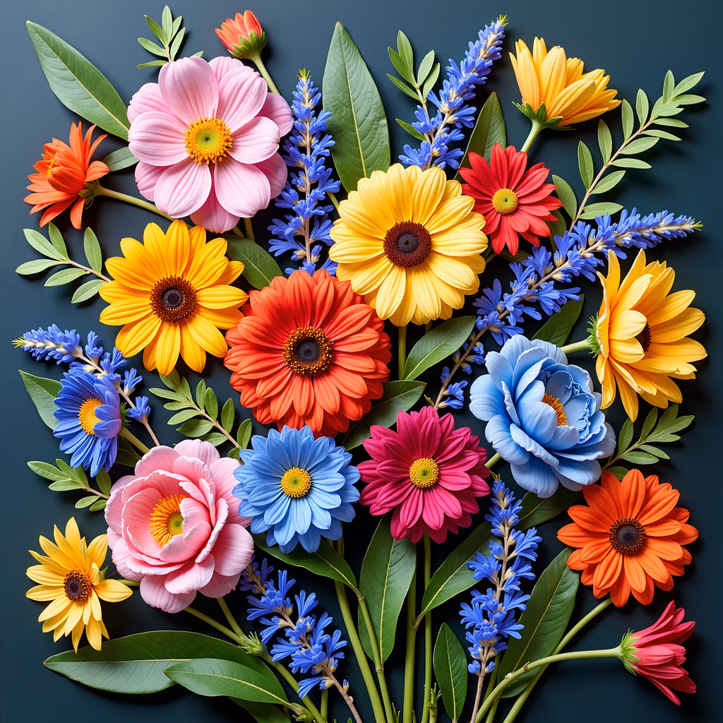 Vibrant floral arrangement featuring sunflowers, daisies, and peonies on a dark green background.