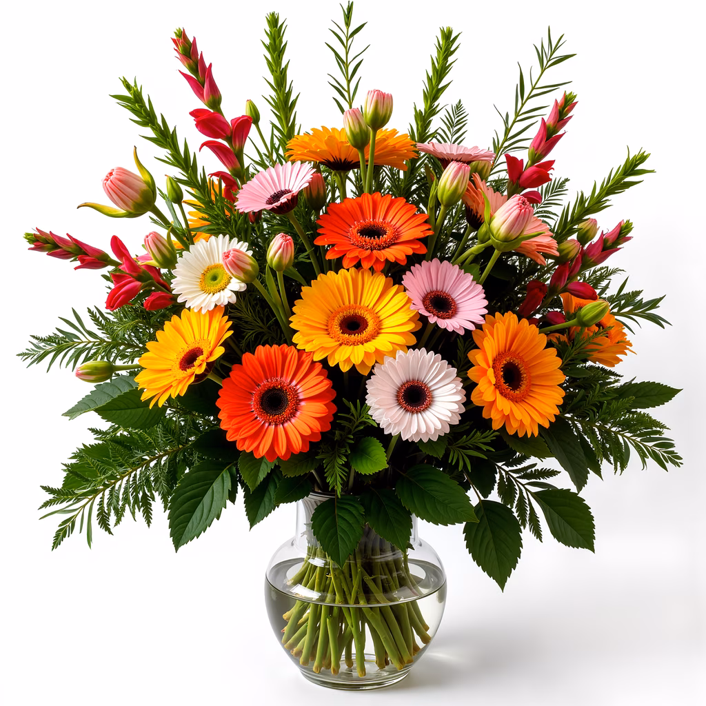 Vibrant gerbera daisy bouquet in a clear glass vase
