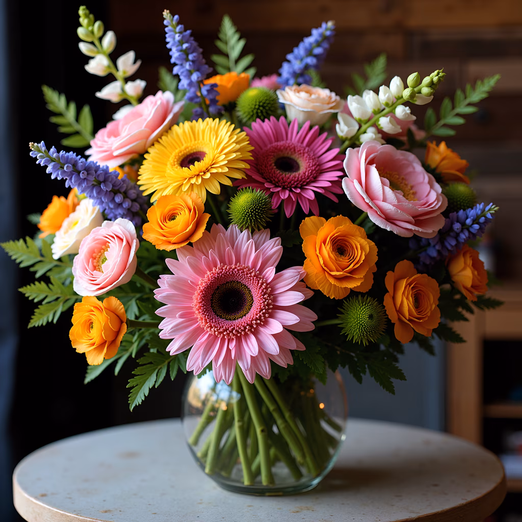 Vibrant floral arrangement with colorful flowers in a clear glass vase.