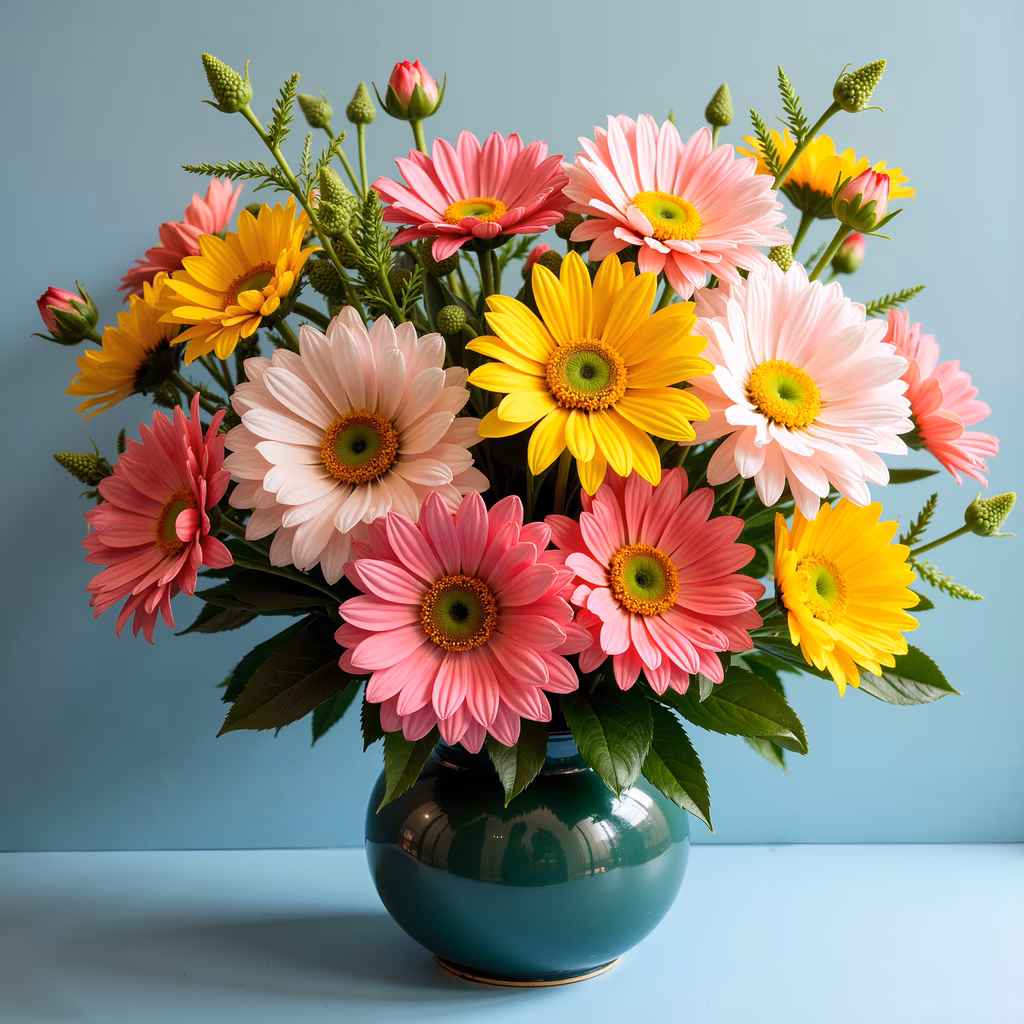 Vibrant floral arrangement featuring pink and yellow gerberas on a soft blue background.