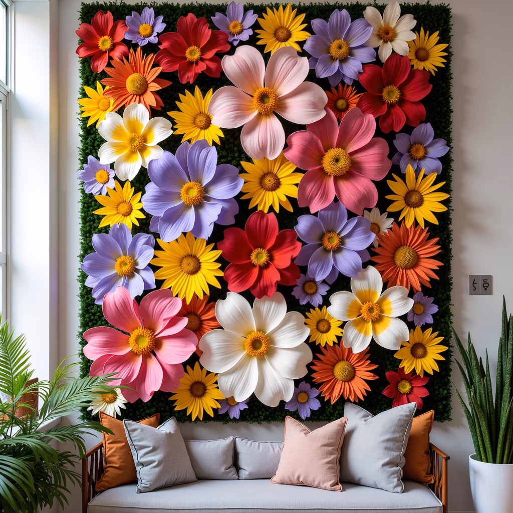 Vibrant floral wall art with realistic flowers in shades of red, yellow, pink, and purple, creating a cheerful and natural atmosphere.