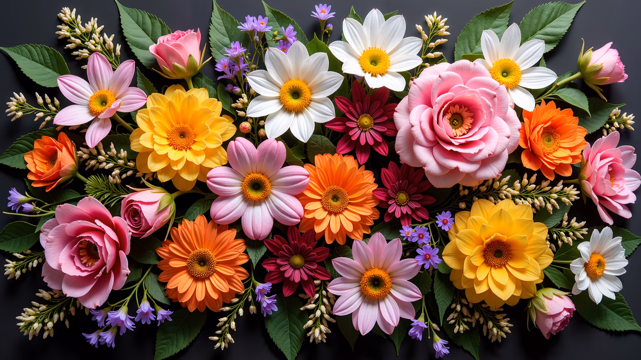 Vibrant floral arrangement with colorful flowers on a dark background