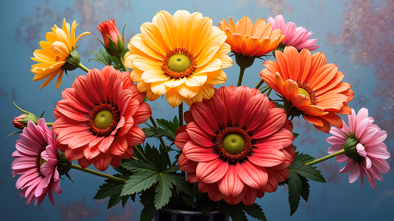 A colorful bouquet of flowers with a soft blue background featuring floral patterns.