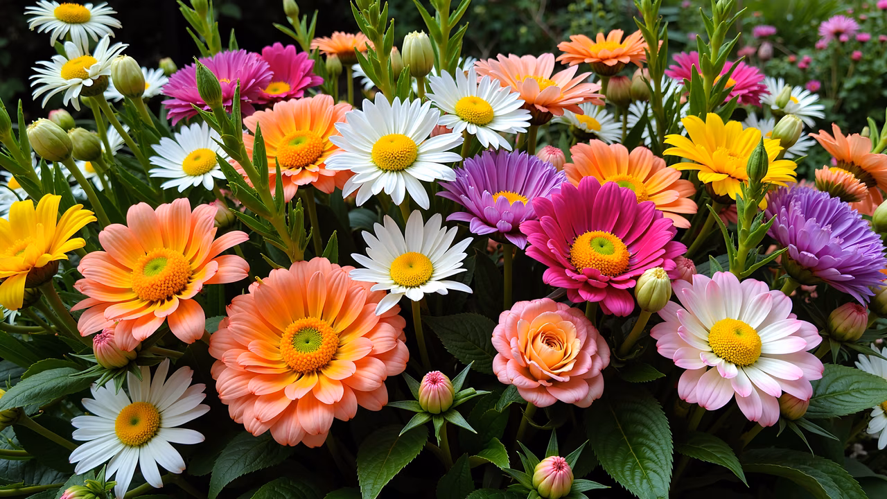 Vibrant floral illustration featuring a variety of colorful flowers in a lush garden setting.