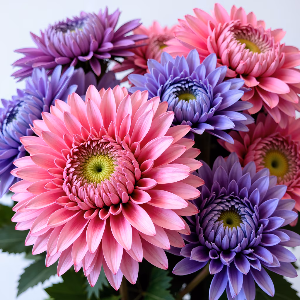 Vibrant pink and purple flowers with detailed petals and green centers on a soft white background.