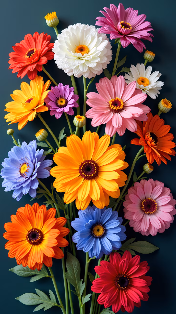 Vibrant floral illustration featuring colorful blooms on a dark teal background.