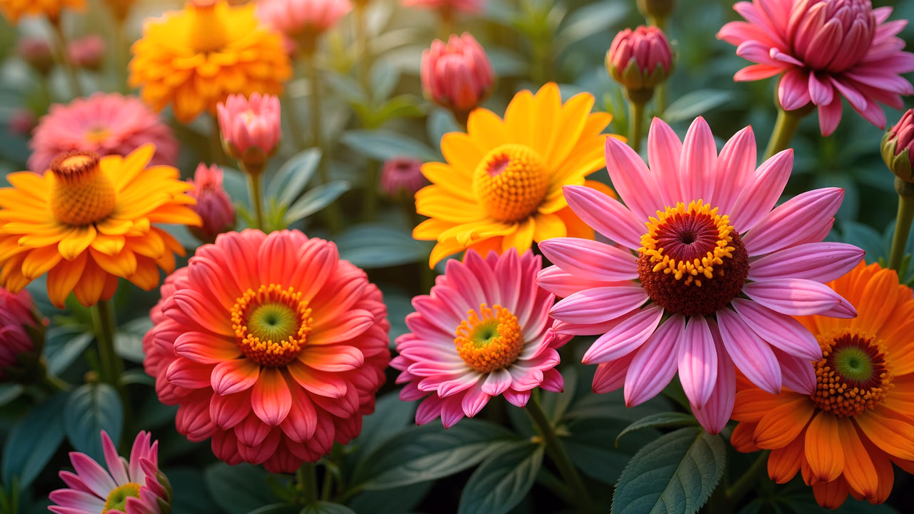 Vibrant floral illustration featuring pink, orange, and yellow hues with detailed petals and lush greenery.