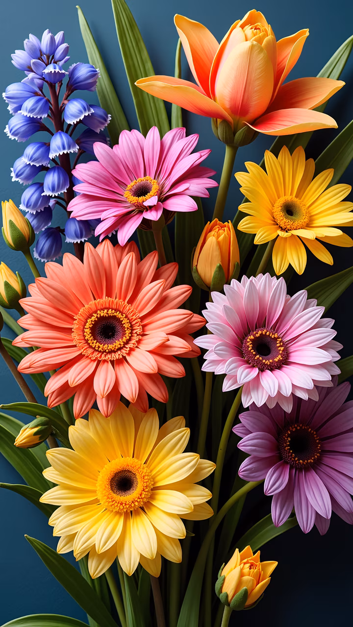 Vibrant floral illustration featuring colorful daisies and tulips with lush green leaves on a teal background.