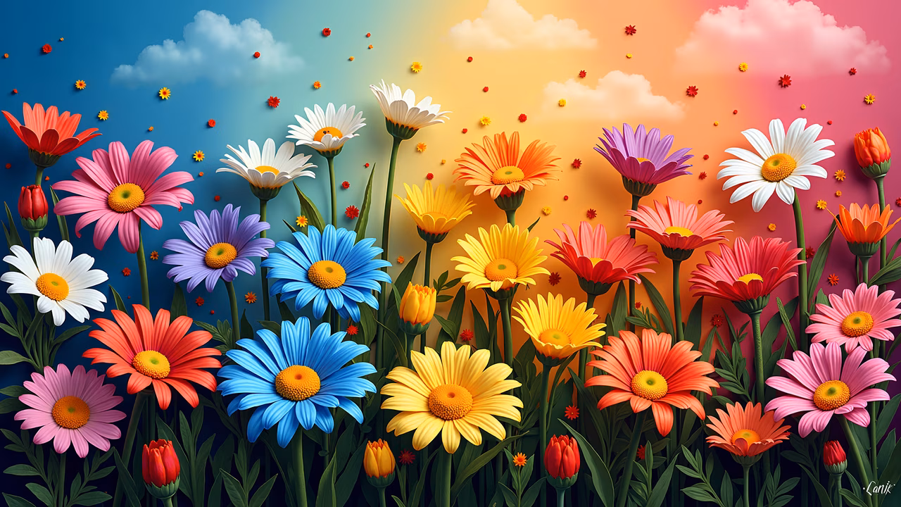 Vibrant floral illustration featuring colorful flowers and a gradient sky with fluffy clouds.