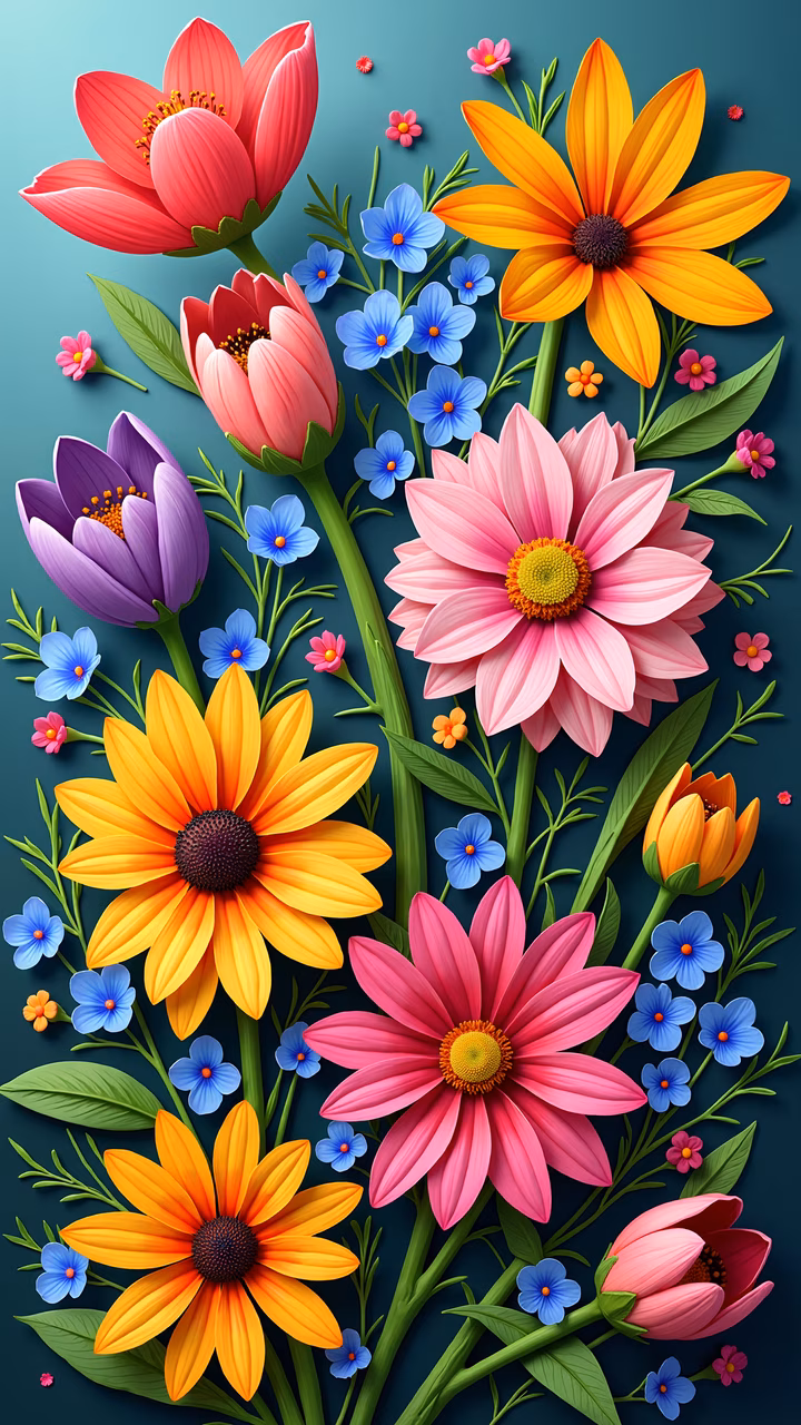 Vibrant floral illustration featuring colorful daisies and smaller blooms on a teal background.
