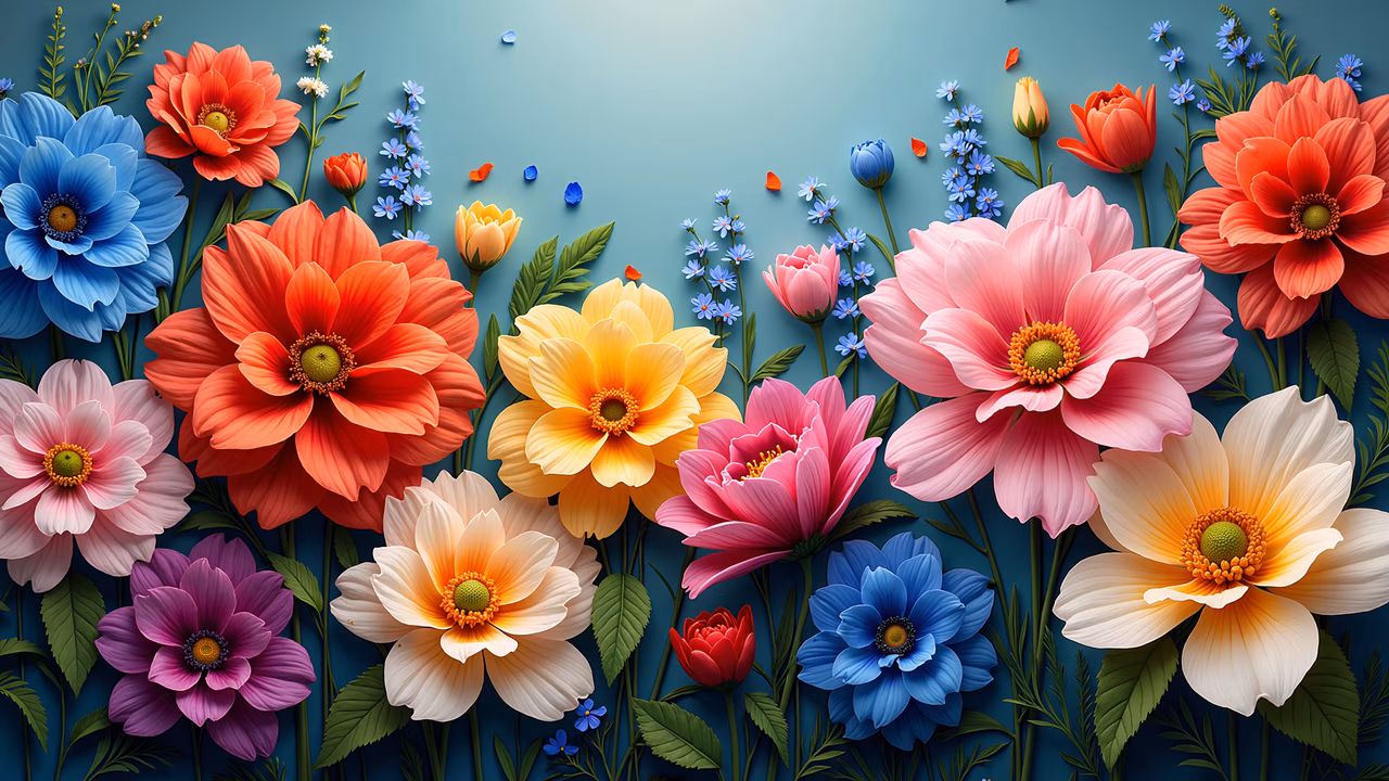 Vibrant floral illustration featuring dahlias and chrysanthemums on a teal background.