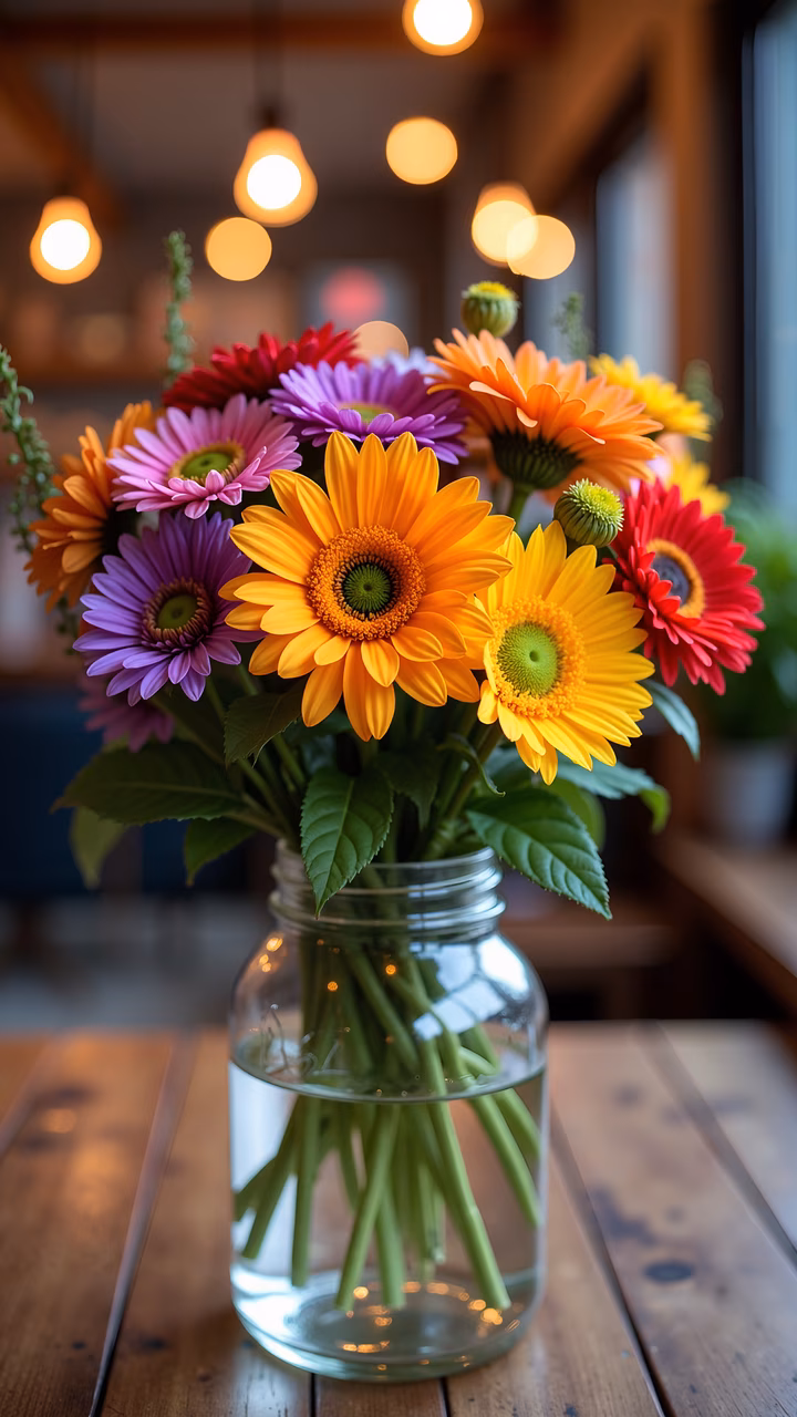 Vibrant bouquet of colorful flowers in a glass jar, featuring gerberas and warm bokeh lights.