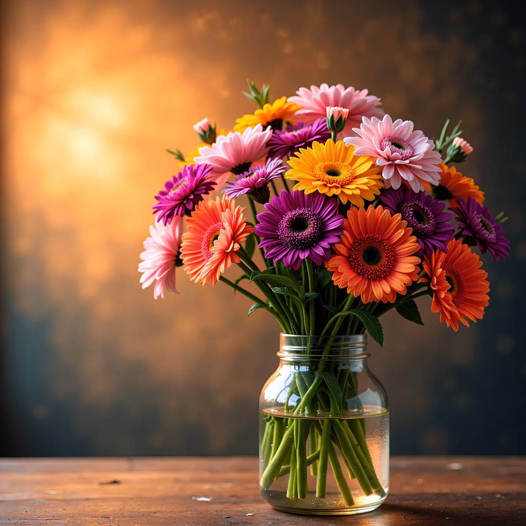 Vibrant bouquet of colorful flowers in a glass jar, warm golden glow background
