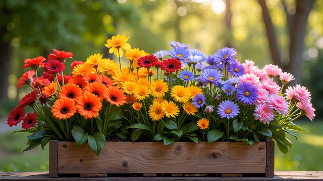 Colorful Flowers in Wooden Box