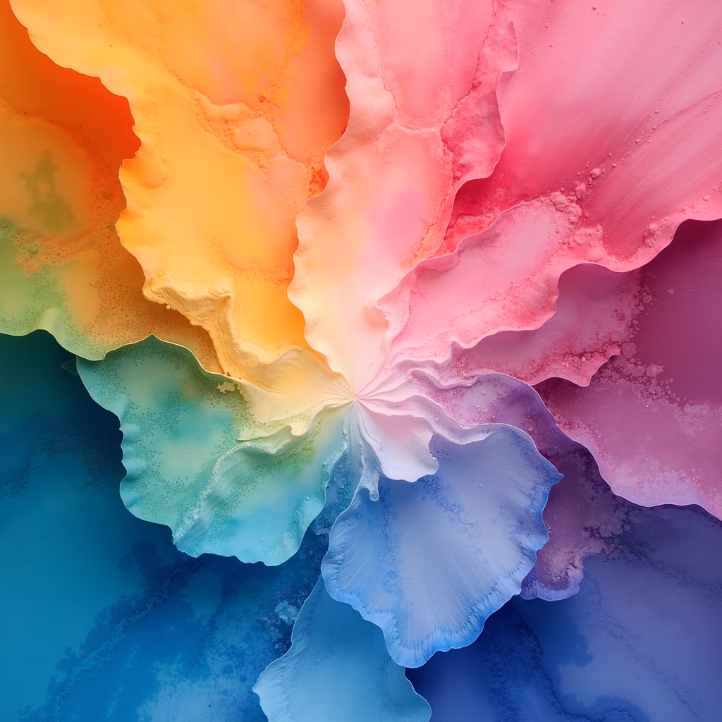 Vibrant abstract illustration featuring colorful petals in pastel hues, creating a dreamy and tranquil atmosphere.
