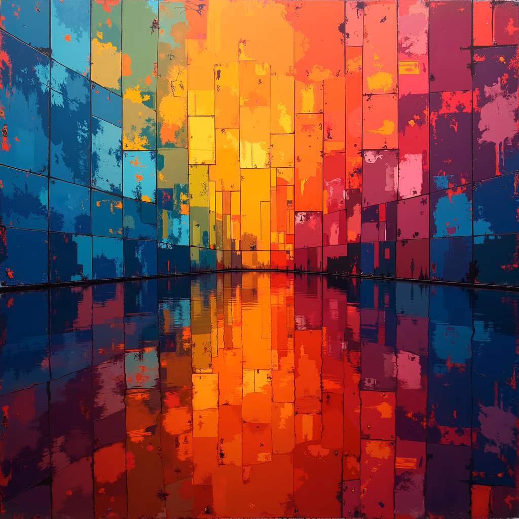 Vibrant geometric patterns reflected in calm water create a tranquil abstract art piece.