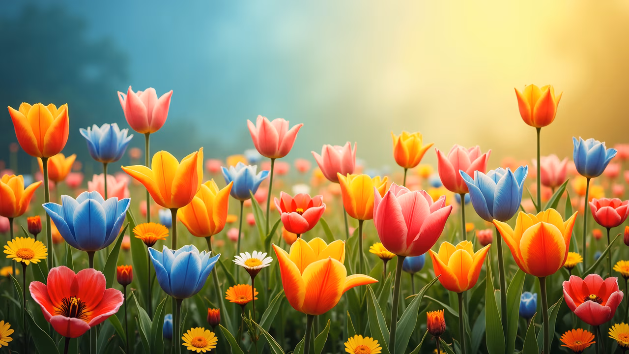 Vibrant tulip illustration featuring colorful flowers in a spring setting.