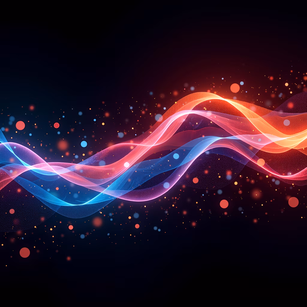 Vibrant, flowing waves in shades of pink, blue, and orange against a dark background dotted with colorful particles.