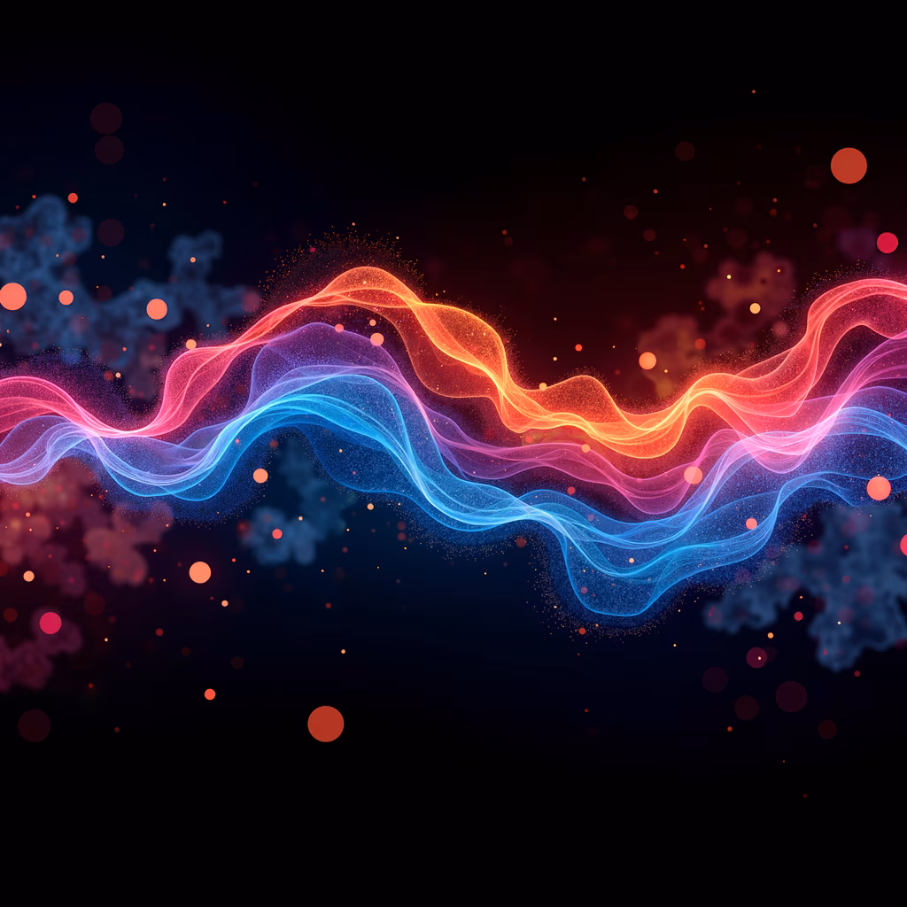Vibrant, flowing waves in shades of red, blue, and purple on a dark background.