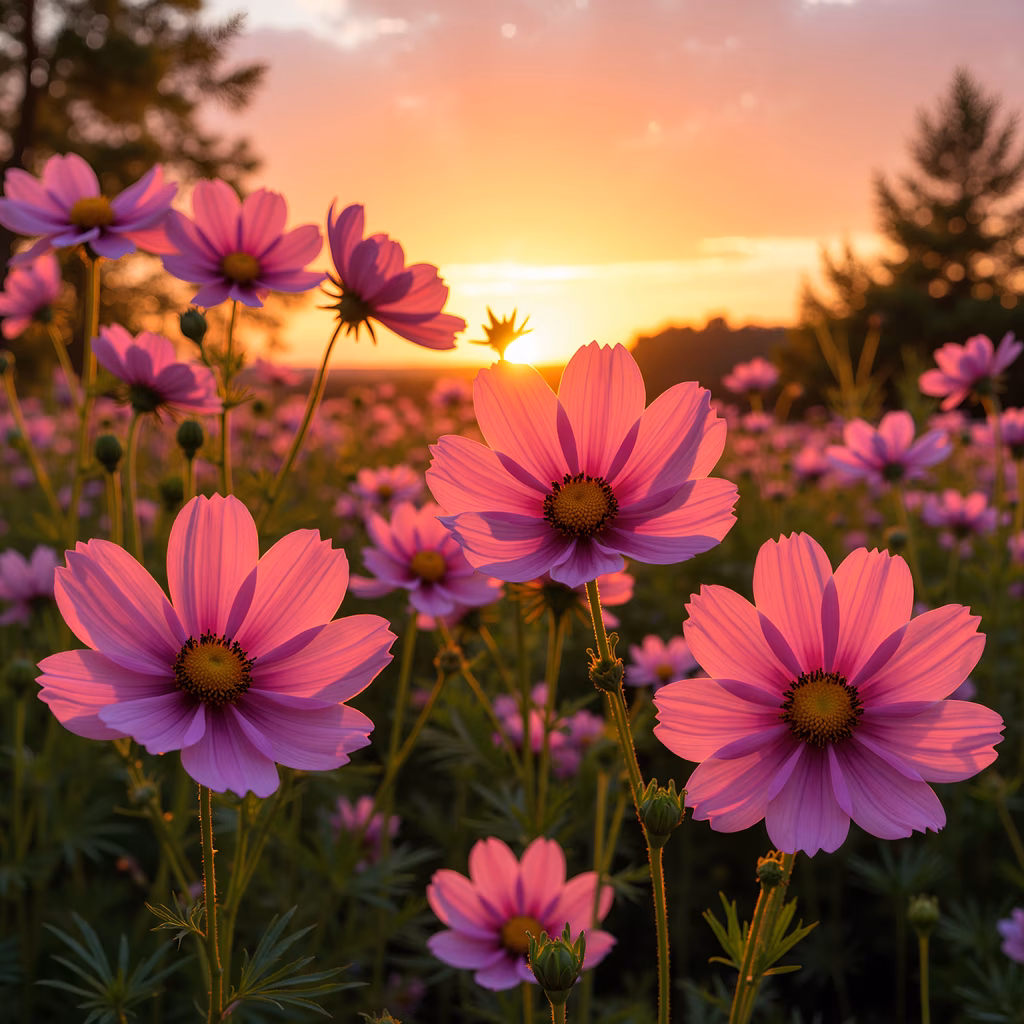 Vibrant cosmos flowers against a sunset backdrop, serene nature scene