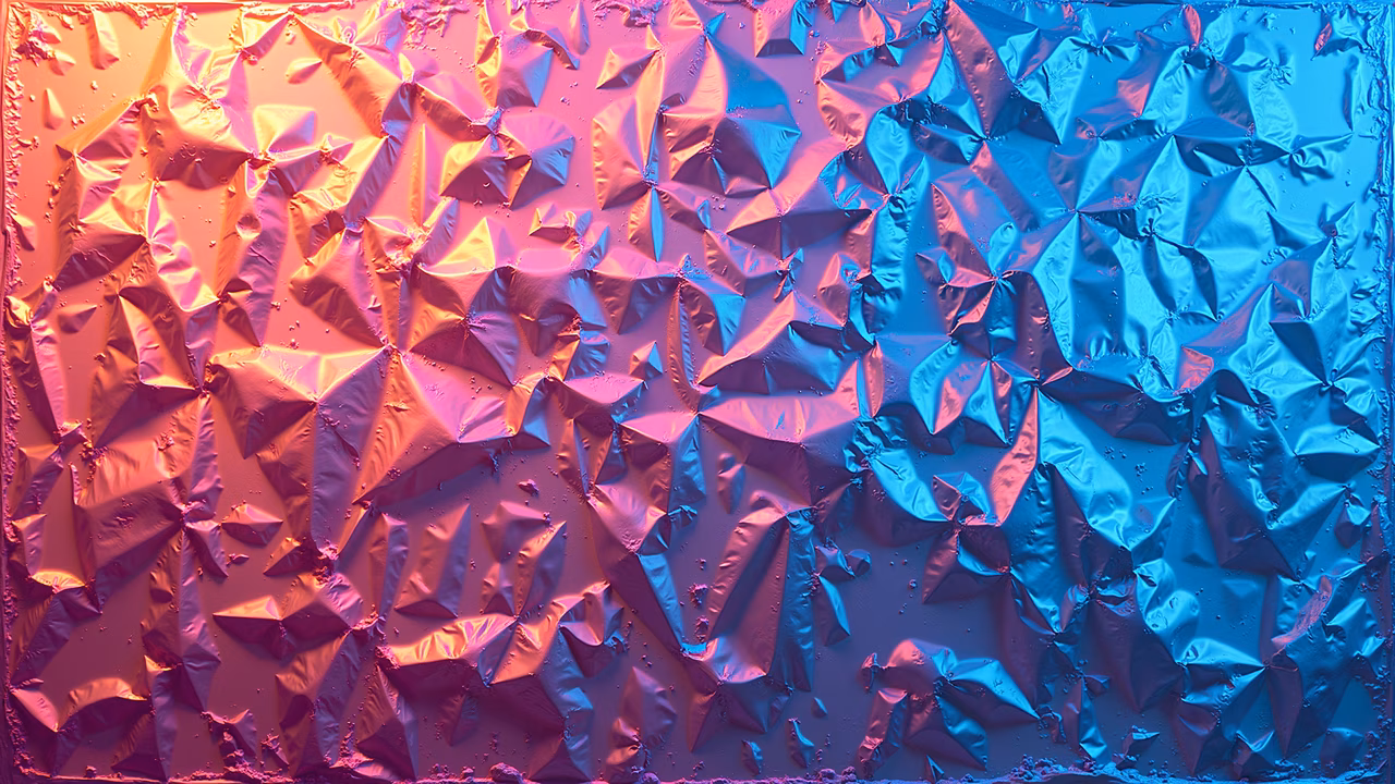 Abstract illustration featuring crinkled foil in vibrant shades of pink and blue, enhancing three-dimensional effect.