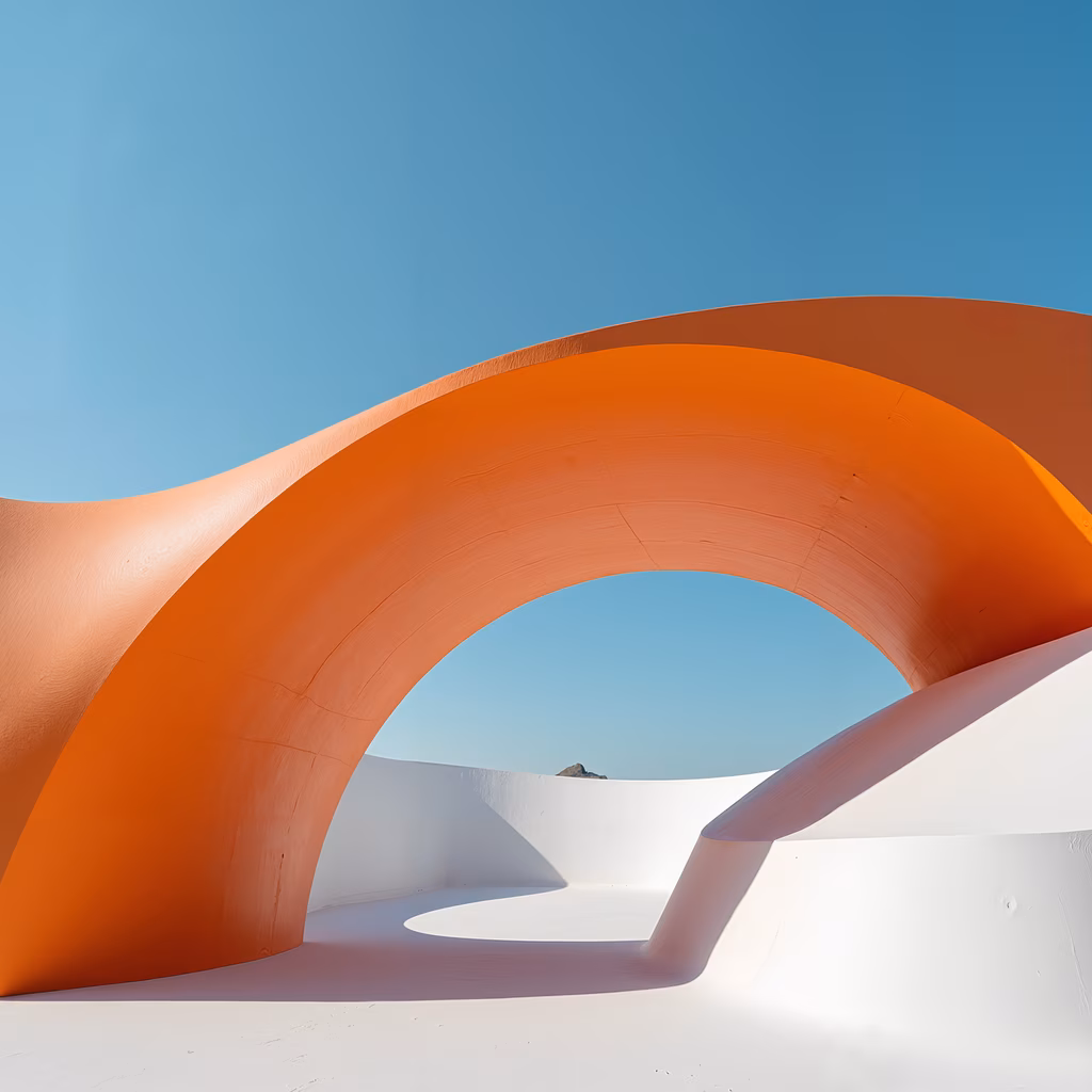 A minimalist abstract artwork featuring an orange curved archway against a blue sky, evoking tranquility and elegance.