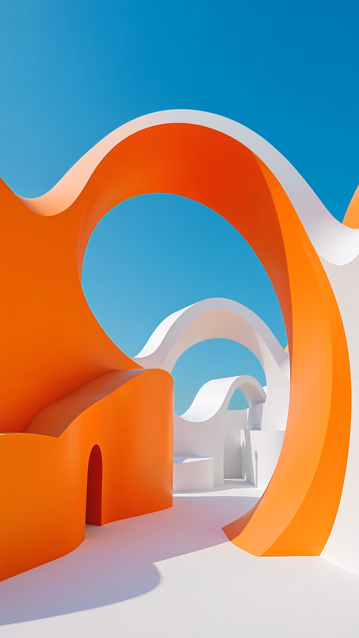 Abstract art with curved paths in vibrant orange and white against a blue sky backdrop.
