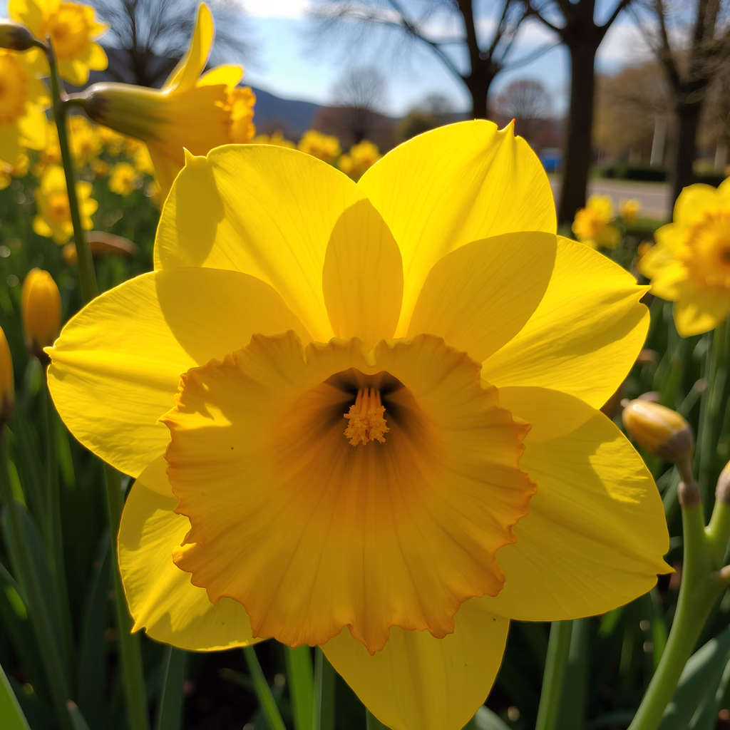 Vibrant yellow daffodil in full bloom, surrounded by other blossoms and green stems.