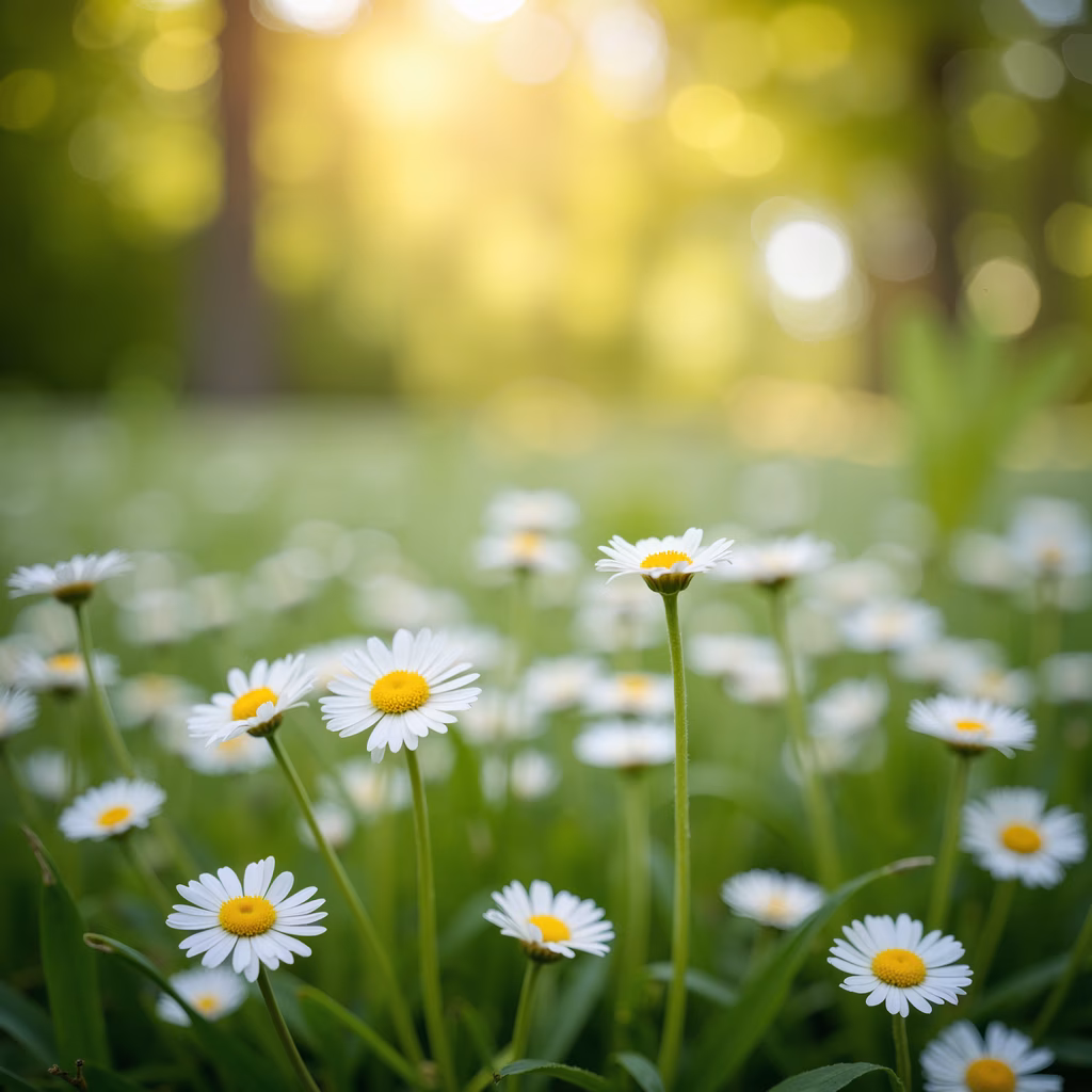 A field of daisies illuminated by sunlight, creating a serene and natural scene.