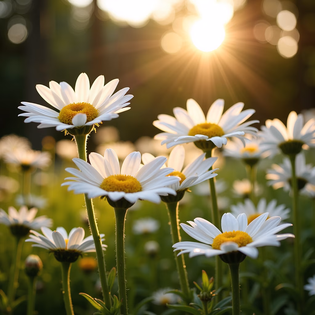 Close-up of daisies illuminated by sunlight, showcasing their delicate petals and vibrant centers.