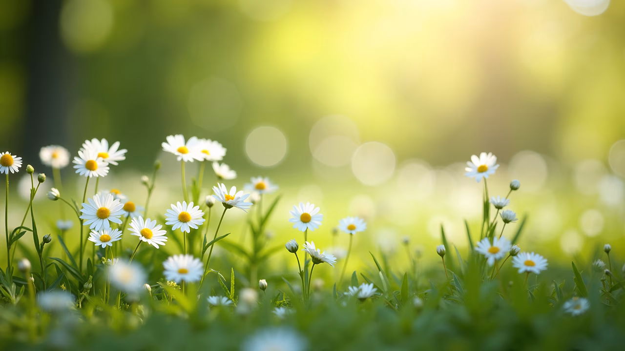 A beautiful illustration of a daisy field under soft natural light, featuring delicate flowers and a dreamy atmosphere.